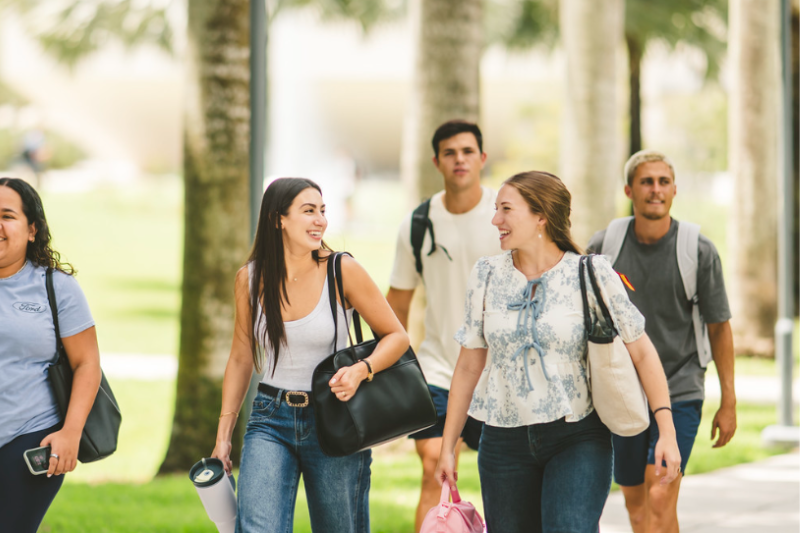 Two students walking together and smiling